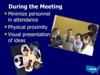 During the Meeting Minimize personnel in attendance Physical proximity Visual presentation of ideas 
