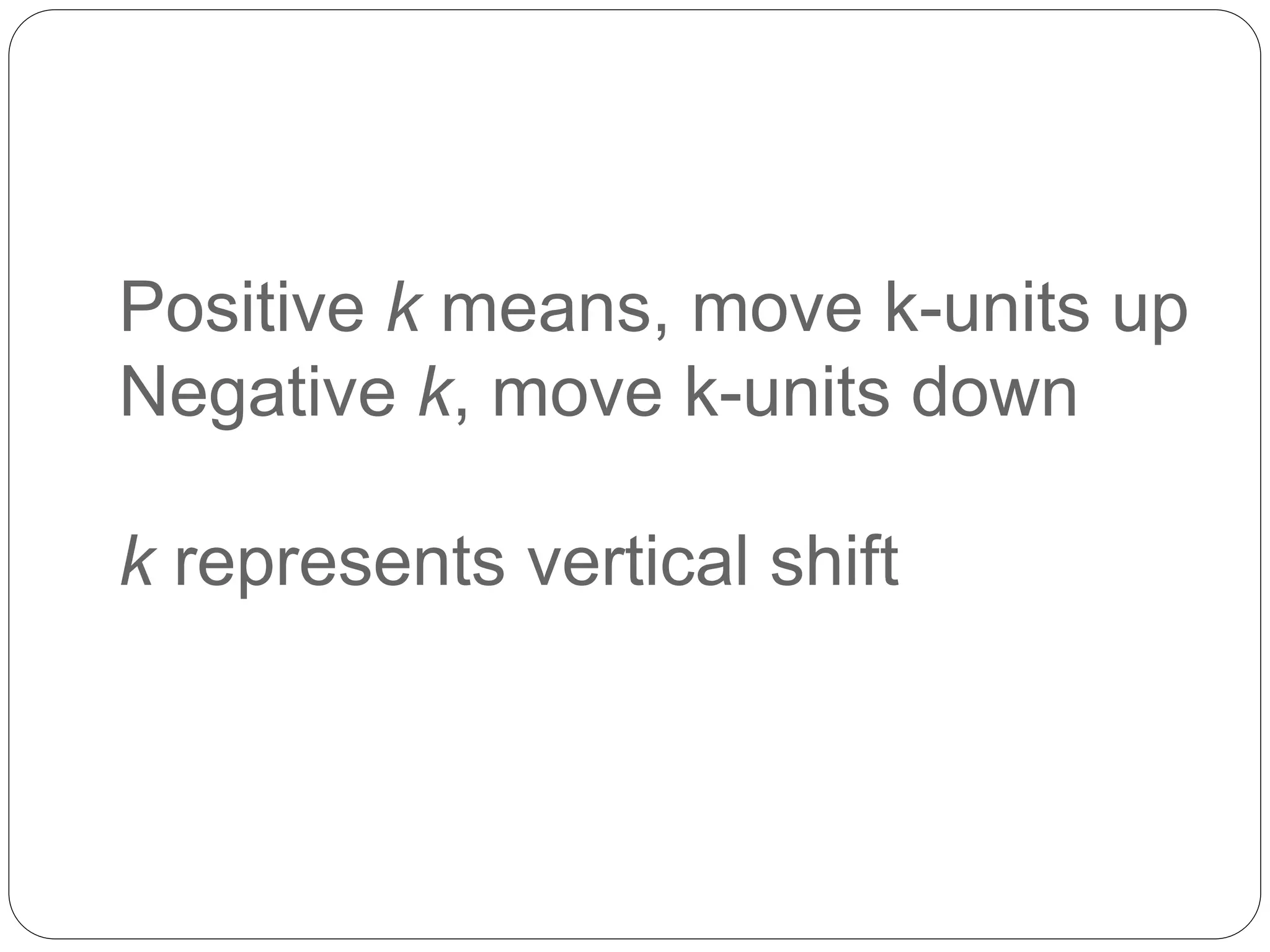 Positive k means, move k-units up
Negative k, move k-units down
k represents vertical shift
 