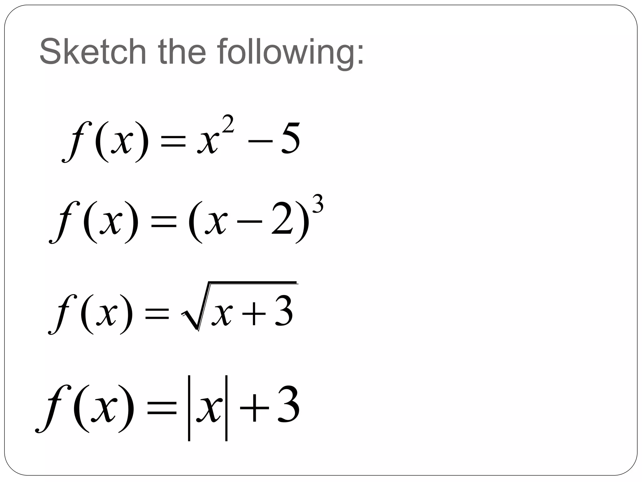 Sketch the following:
( ) 3
f x x
 
2
( ) 5
f x x
 
3
( ) ( 2)
f x x
 
( ) 3
f x x
 
 
