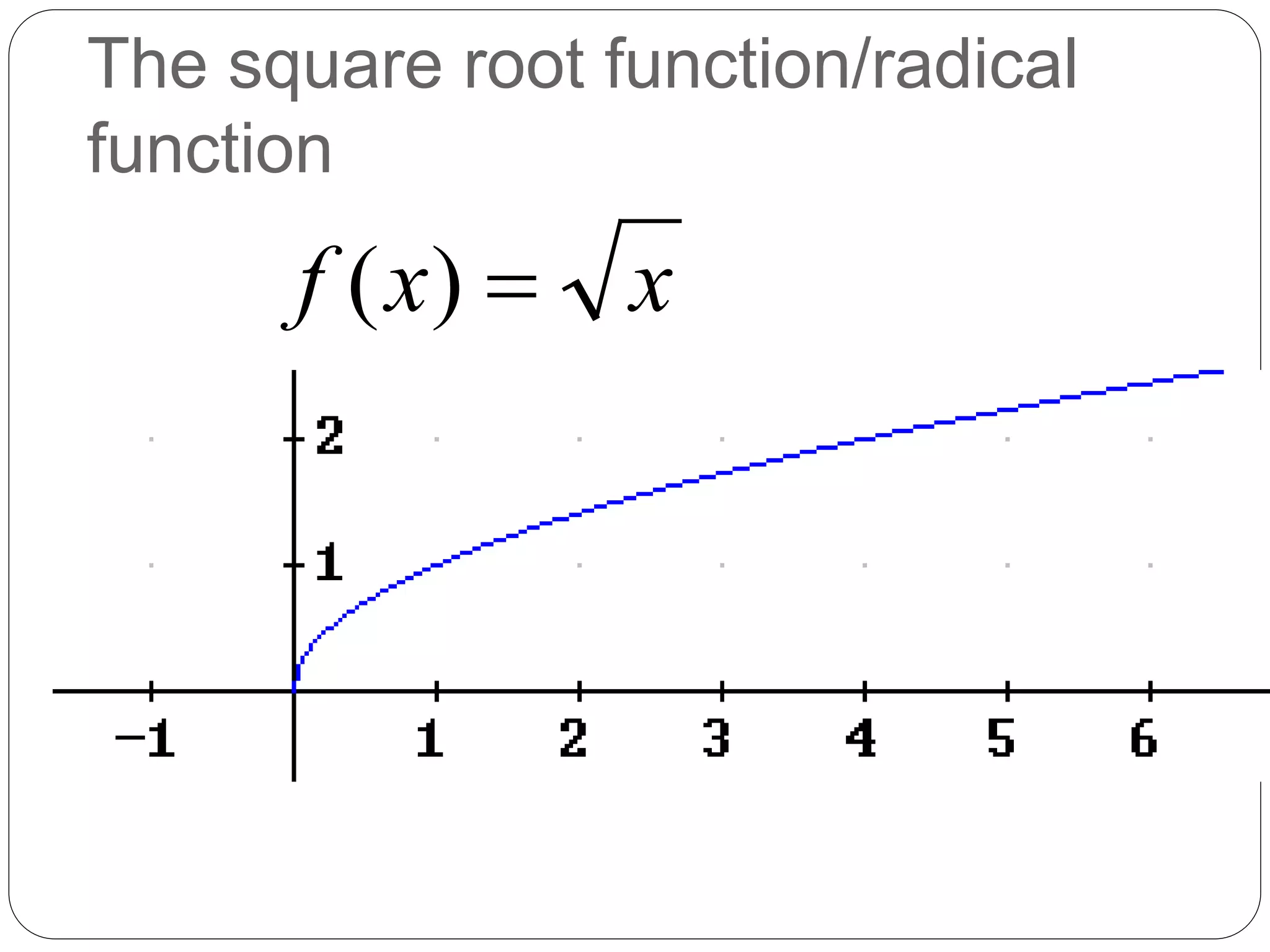 x
x
f 
)
(
The square root function/radical
function
 