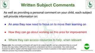 Written Subject Comments
As well as providing a personal comment on your child, each subject
will provide information on:
● An area they now need to focus on to move their learning on
● How they can go about working on this area for improvement
● Where they can access resources to help, when relevant
Please note: the comments and targets will need to be subject specific, and we understand that as a result
at times this may make it difficult for the parent to understand, but this is unavoidable. Your child should
however be able to explain what the target means and how it looks in practice in that subject so part of the
reflection process may involve holding this conversation.
 