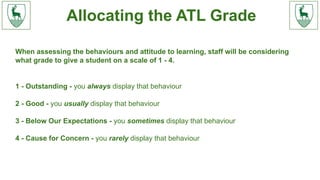 Allocating the ATL Grade
When assessing the behaviours and attitude to learning, staff will be considering
what grade to give a student on a scale of 1 - 4.
1 - Outstanding - you always display that behaviour
2 - Good - you usually display that behaviour
3 - Below Our Expectations - you sometimes display that behaviour
4 - Cause for Concern - you rarely display that behaviour
 