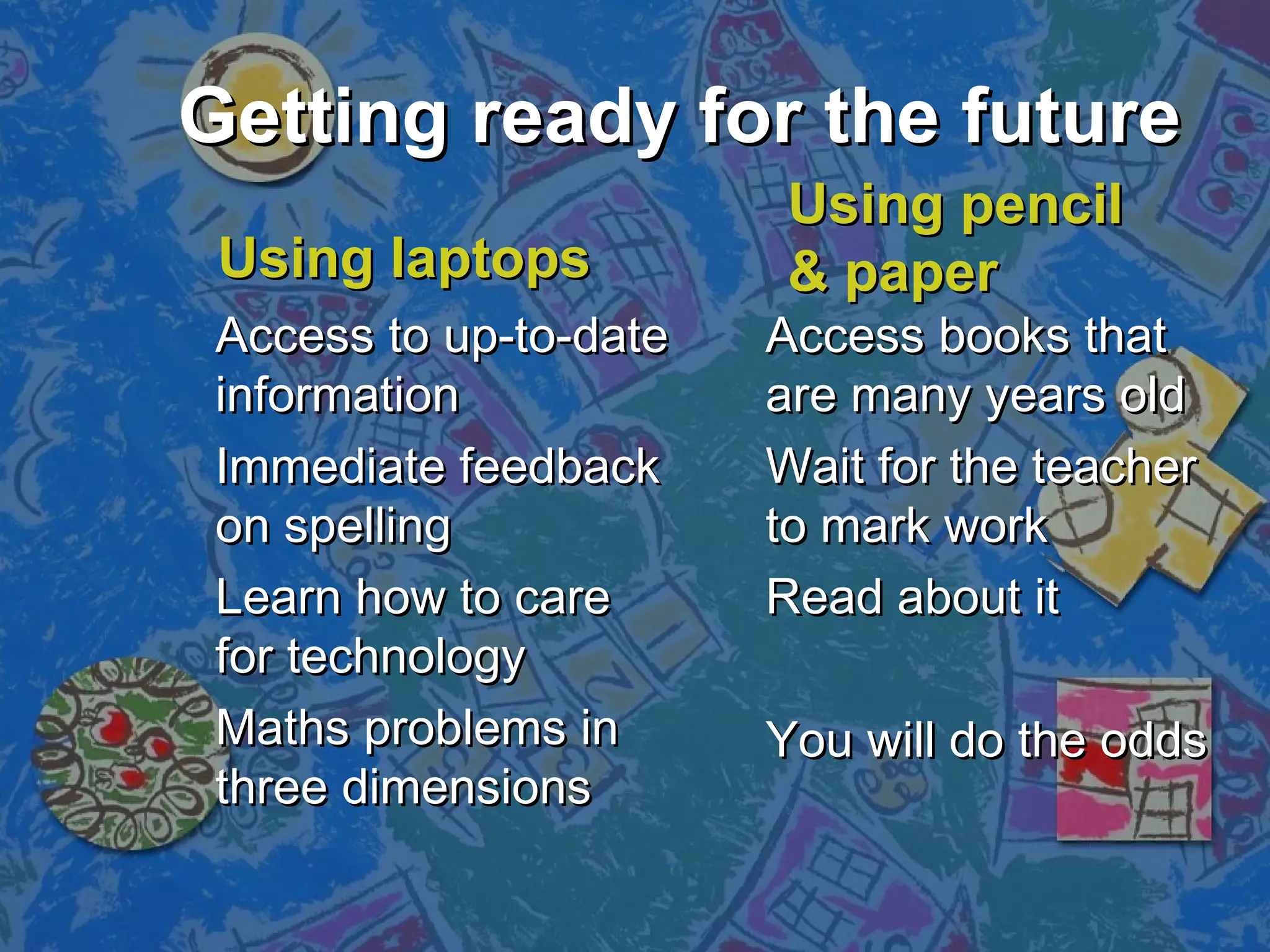 Getting ready for the futureGetting ready for the future
Access to up-to-dateAccess to up-to-date
informationinformation
Immediate feedbackImmediate feedback
on spellingon spelling
Learn how to careLearn how to care
for technologyfor technology
Maths problems inMaths problems in
three dimensionsthree dimensions
Access books thatAccess books that
are many years oldare many years old
Wait for the teacherWait for the teacher
to mark workto mark work
Read about itRead about it
You will do the oddsYou will do the odds
Using laptopsUsing laptops
Using pencilUsing pencil
& paper& paper
 