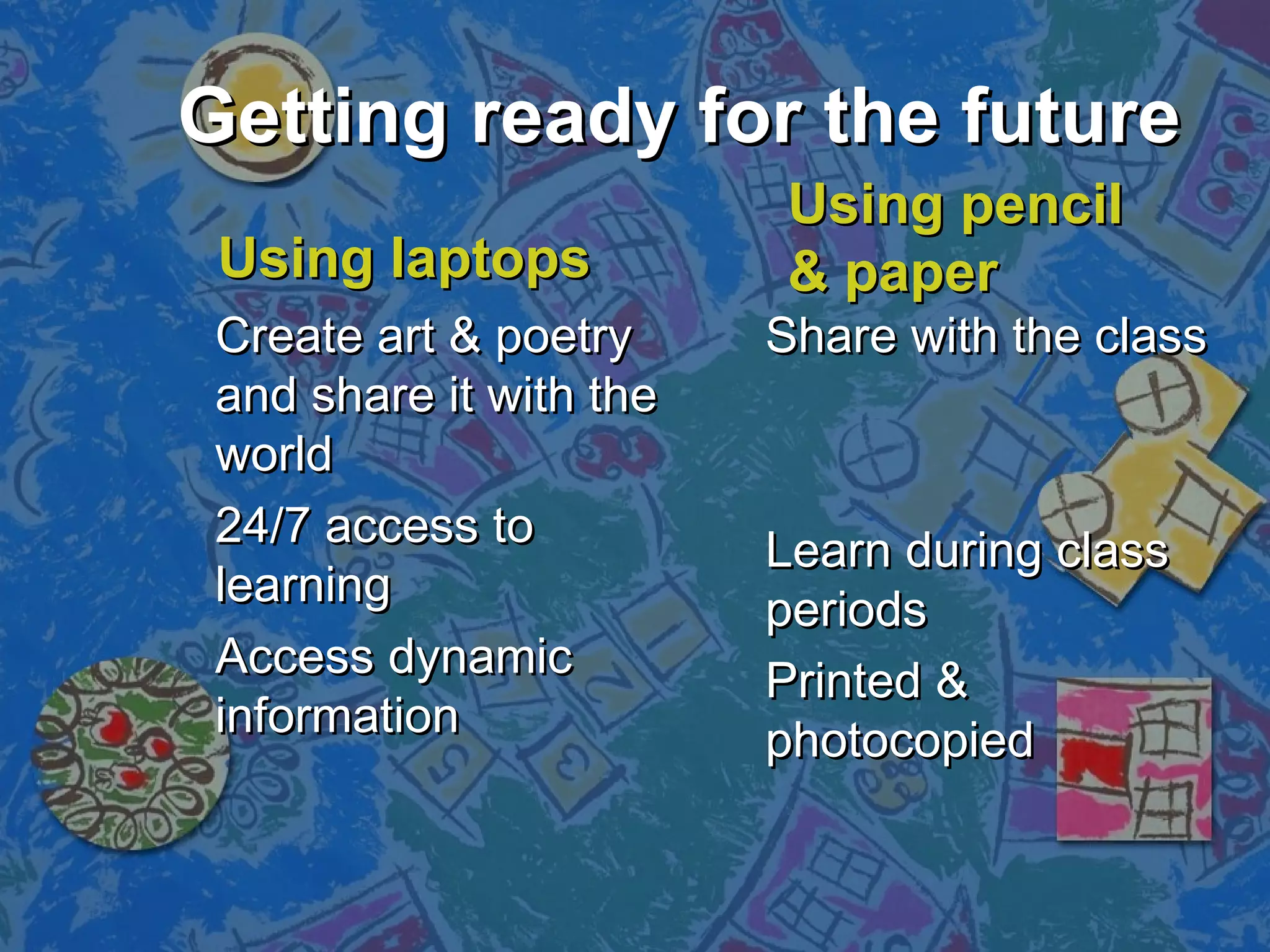 Getting ready for the futureGetting ready for the future
Create art & poetryCreate art & poetry
and share it with theand share it with the
worldworld
24/7 access to24/7 access to
learninglearning
Access dynamicAccess dynamic
informationinformation
Share with the classShare with the class
Learn during classLearn during class
periodsperiods
Printed &Printed &
photocopiedphotocopied
Using laptopsUsing laptops
Using pencilUsing pencil
& paper& paper
 