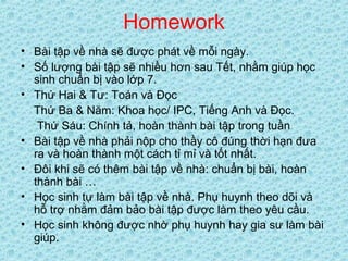 Homework
• Bài tập về nhà sẽ được phát về mỗi ngày.
• Số lượng bài tập sẽ nhiều hơn sau Tết, nhằm giúp học
sinh chuẩn bị vào lớp 7.
• Thứ Hai & Tư: Toán và Đọc
Thứ Ba & Năm: Khoa học/ IPC, Tiếng Anh và Đọc.
Thứ Sáu: Chính tả, hoàn thành bài tập trong tuần
• Bài tập về nhà phải nộp cho thầy cô đúng thời hạn đưa
ra và hoàn thành một cách tỉ mỉ và tốt nhất.
• Đôi khi sẽ có thêm bài tập về nhà: chuẩn bị bài, hoàn
thành bài …
• Học sinh tự làm bài tập về nhà. Phụ huynh theo dõi và
hỗ trợ nhằm đảm bảo bài tập được làm theo yêu cầu.
• Học sinh không được nhờ phụ huynh hay gia sư làm bài
giúp.
 
