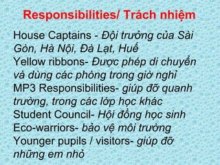 Responsibilities/ Trách nhiệm
House Captains - Đội trưởng của Sài
Gòn, Hà Nội, Đà Lạt, Huế
Yellow ribbons- Được phép di chuyển
và dùng các phòng trong giờ nghỉ
MP3 Responsibilities- giúp đỡ quanh
trường, trong các lớp học khác
Student Council- Hội đồng học sinh
Eco-warriors- bảo vệ môi trường
Younger pupils / visitors- giúp đỡ
những em nhỏ
 