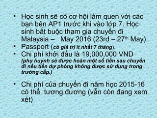 • Học sinh sẽ có cơ hội làm quen với các
bạn bên AP1 trước khi vào lớp 7. Học
sinh bắt buộc tham gia chuyến đi
Malaysia – May 2016 (23rd – 27th
May)
• Passport (có giá trị ít nhất 7 tháng).
• Chi phí khởi đầu là 19,000,000 VND
(phụ huynh sẽ được hoàn một số tiền sau chuyến
đi nếu tiền dự phòng không được sử dụng trong
trường cấp.)
• Chi phí của chuyến đi năm học 2015-16
có thể tương đương (vẫn còn đang xem
xét)
 