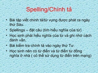Spelling/Chính tả
• Bài tập viết chính tả/từ vựng được phát ra ngày
thứ Sáu.
• Spellings – đặt câu (tìm hiểu nghĩa của từ)
• Học sinh phải hiểu nghĩa của từ và ghi nhớ cách
đánh vần.
• Bài kiểm tra chính tả vào ngày thứ Tư.
• Học sinh nên có từ điển và từ điển từ đồng
nghĩa ở nhà ( có thể sử dụng từ điển trên mạng)
 