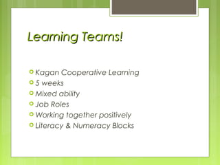 Learning Teams!Learning Teams!
 Kagan Cooperative Learning
 5 weeks
 Mixed ability
 Job Roles
 Working together positively
 Literacy & Numeracy Blocks
 