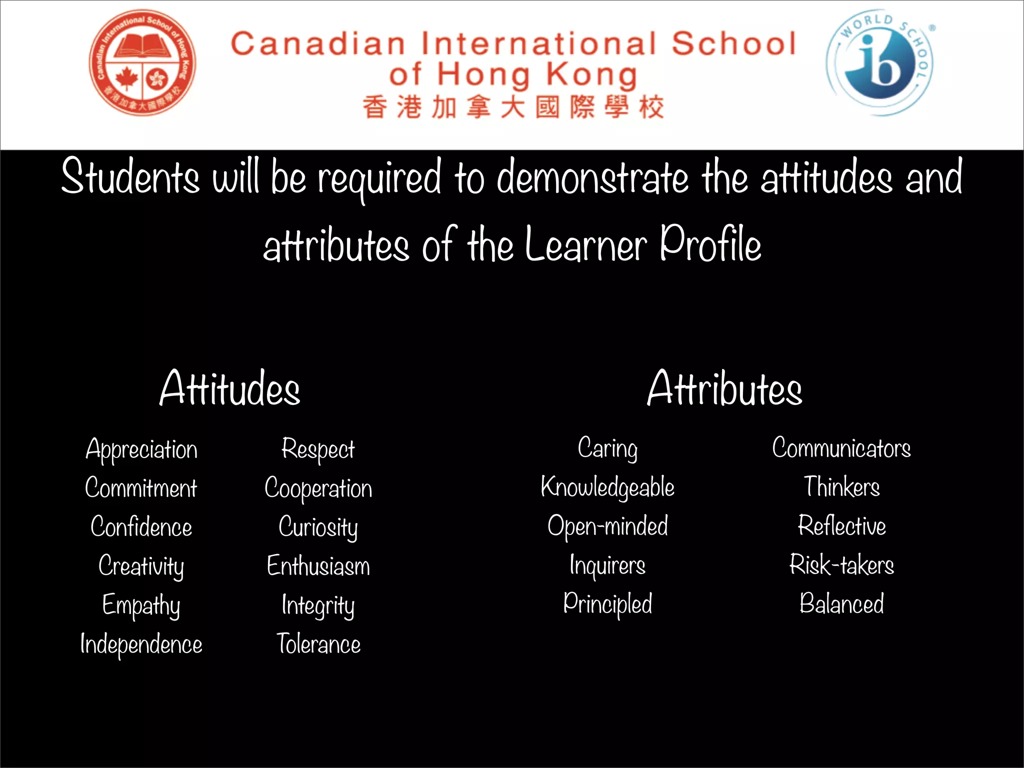 Students will be required to demonstrate the attitudes and
                attributes of the Learner Profile


         Attitudes                              Attributes
 Appreciation    Respect             Caring             Communicators
 Commitment     Cooperation       Knowledgeable           Thinkers
  Confidence     Curiosity        Open-minded             Reflective
  Creativity    Enthusiasm          Inquirers            Risk-takers
   Empathy       Integrity          Principled            Balanced
 Independence    Tolerance
 