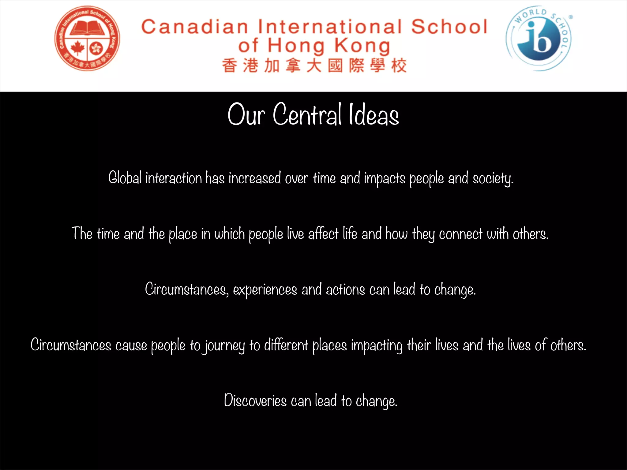 Our Central Ideas

              Global interaction has increased over time and impacts people and society.


       The time and the place in which people live affect life and how they connect with others.


                     Circumstances, experiences and actions can lead to change.


Circumstances cause people to journey to different places impacting their lives and the lives of others.


                                    Discoveries can lead to change.
 