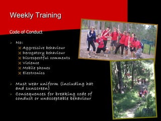 Weekly Training Code of Conduct No: Aggressive behaviour  Derogatory behaviour  Disrespectful comments  Violence Mobile phones Electronics  Must wear uniform (including hat and sunscreen) Consequences for breaking code of conduct or unacceptable behaviour 