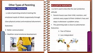 PAGE
21
PAGE
20
Other Types of Parenting
ATTACHMENT PARENTING
- a style of parenting aimed at meeting the
emotional needs of infants responsively through
close physical contact and emotional attunement.
Outcomes:
 Better communication
 Healthier social-emotional development
HELICOPTER PARENTING
-is a term used to describe the over-protective
attitude
• Parents hovers over their child, monitors, and
controls every aspect of their children’s lives and
steps in whenever a problem arises.
• This parenting style is close to authoritarian
Outcomes:
 Fear of Failure
 Less independent
 