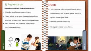 PAGE
14
PAGE
13
Effects
 Strict parental rules and punishments often
influence the child to rebel against authority
figures as they grow older.
 Perform worse academically.
1) Authoritarian
• There is little to no room for negotiations from
the child, and the rules are not usually explained.
• Mistakes usually lead to punishment.
High demandingness. Low responsiveness.
• Less nurturing and have high expectations
with limited flexibility.  Have poorer social competence.
 