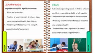 PAGE
15
PAGE
14
2)Authoritative Effects
• Disciplinary methods are used as a way of
support instead of punishment
• Warm and responsive
• This type of parent normally develops a close,
nurturing relationship with their children
 Authoritative parenting results in children who are
confident, responsible, and able to self-regulate
 They can manage their negative emotions more
effectively, which leads to better social outcomes
and emotional health
 These children have a high level of academic
achievement and school performance
High demandingness. High responsiveness.
 