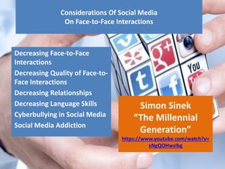 Considerations Of Social Media
On Face-to-Face Interactions
Decreasing Face-to-Face
Interactions
Decreasing Quality of Face-to-
Face Interactions
Decreasing Relationships
Decreasing Language Skills
Cyberbullying in Social Media
Social Media Addiction
Simon Sinek
“The Millennial
Generation”
https://www.youtube.com/watch?v=
xNgQOHwsIbg
 