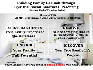 Building Family Sakinah through
Spiritual Social Emotional Parenting
(Another Dhuha Workshop Series)
SPIRITUAL DETOX
Your Family Experience
the Difference !
Hours of FUN
At MPR1, Saturday, 4 June 2016, 8.30am to 12.30pm
REMOVE
Self Sabotaging Blocks
& Emotional Virus in
Your Family Life
UNLOCK
Your Family
Full Potential
DISCOVER
Your True Family Life
Purpose
Neuro Linguistic Activity includes Baking Session with Cake Couture II
0830-0930
 