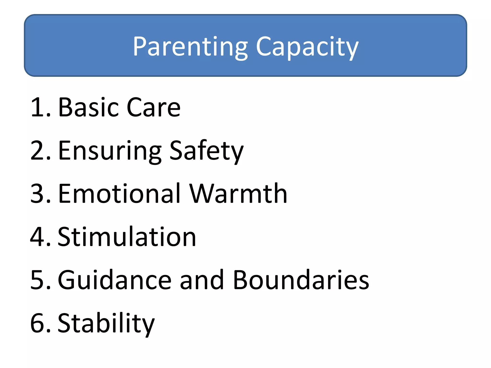 Parenting Capacity
1. Basic Care
2. Ensuring Safety
3. Emotional Warmth
4. Stimulation
5. Guidance and Boundaries
6. Stability
 