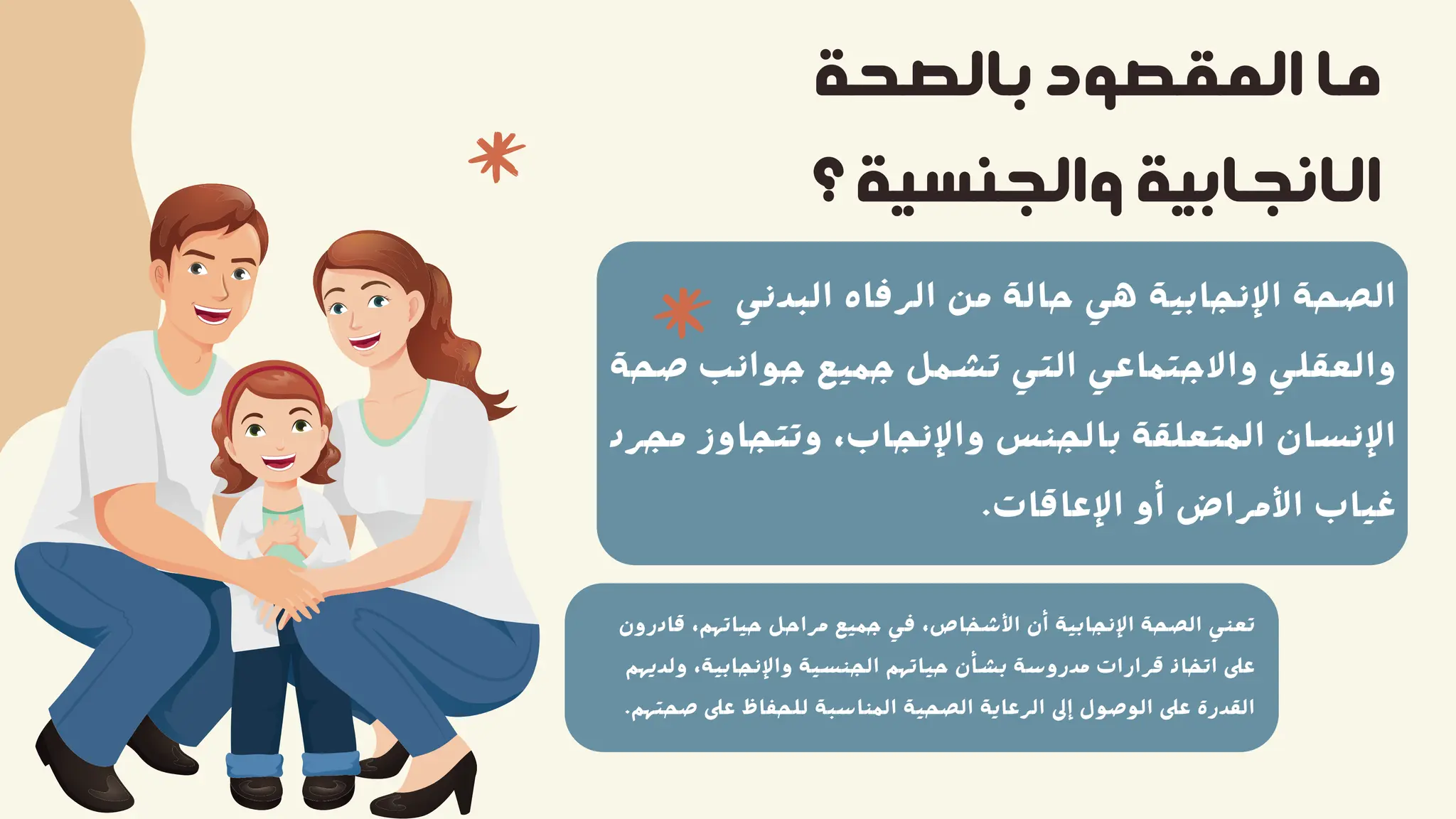 ‫ﺑﺎﻟﺼﺤﺔ‬ ‫اﻟﻤﻘﺼﻮد‬ ‫ﻣﺎ‬
‫؟‬ ‫واﻟﺠﻨﺴﻴﺔ‬ ‫اﻟﺎﻧﺠﺎﺑﻴﺔ‬
‫اﻟﺒﺪﻧﻲ‬ ‫اﻟﺮﻓﺎه‬ ‫ﻣﻦ‬ ‫ﺣﺎﻟﺔ‬ ‫ﻫﻲ‬ ‫اﻹﻧﺠﺎﺑﻴﺔ‬ ‫اﻟﺼﺤﺔ‬
‫ﺻﺤﺔ‬ ‫ﺟﻮاﻧﺐ‬ ‫ﺟﻤﻴﻊ‬ ‫ﺗﺸﻤﻞ‬ ‫اﻟﺘﻲ‬ ‫واﻻﺟﺘﻤﺎﻋﻲ‬ ‫واﻟﻌﻘﻠﻲ‬
‫ﻣﺠﺮد‬ ‫وﺗﺘﺠﺎوز‬ ،‫واﻹﻧﺠﺎب‬ ‫ﺑﺎﻟﺠﻨﺲ‬ ‫اﻟﻤﺘﻌﻠﻘﺔ‬ ‫اﻹﻧﺴﺎن‬
.‫اﻹﻋﺎﻗﺎت‬ ‫أو‬ ‫اﻷﻣﺮاض‬ ‫ﻏﻴﺎب‬
‫ﻗﺎدرون‬ ،‫ﺣﻴﺎﺗﻬﻢ‬ ‫ﻣﺮاﺣﻞ‬ ‫ﺟﻤﻴﻊ‬ ‫ﻓﻲ‬ ،‫اﻷﺷﺨﺎص‬ ‫أن‬ ‫اﻹﻧﺠﺎﺑﻴﺔ‬ ‫اﻟﺼﺤﺔ‬ ‫ﺗﻌﻨﻲ‬
‫وﻟﺪﻳﻬﻢ‬ ،‫واﻹﻧﺠﺎﺑﻴﺔ‬ ‫اﻟﺠﻨﺴﻴﺔ‬ ‫ﺣﻴﺎﺗﻬﻢ‬ ‫ﺑﺸﺄن‬ ‫ﻣﺪروﺳﺔ‬ ‫ﻗﺮارات‬ ‫اﺗﺨﺎذ‬ ‫ﻋﲆ‬
.‫ﺻﺤﺘﻬﻢ‬ ‫ﻋﲆ‬ ‫ﻟﻠﺤﻔﺎظ‬ ‫اﻟﻤﻨﺎﺳﺒﺔ‬ ‫اﻟﺼﺤﻴﺔ‬ ‫اﻟﺮﻋﺎﻳﺔ‬ ‫إﱃ‬ ‫اﻟﻮﺻﻮل‬ ‫ﻋﲆ‬ ‫اﻟﻘﺪرة‬
 