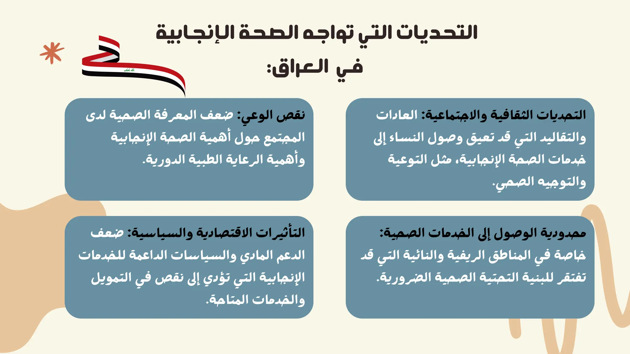 ‫اﻟﺈﻧﺠﺎﺑﻴﺔ‬ ‫اﻟﺼﺤﺔ‬ ‫ﺗﻮاﺟﻪ‬ ‫اﻟﺘﻲ‬ ‫اﻟﺘﺤﺪﻳﺎت‬
:‫اﻟﻌﺮاق‬ ‫ﻓﻲ‬
‫اﻟﻌﺎدات‬ :‫واﻻﺟﺘﻤﺎﻋﻴﺔ‬ ‫اﻟﺜﻘﺎﻓﻴﺔ‬ ‫اﻟﺘﺤﺪﻳﺎت‬
‫إﱃ‬ ‫اﻟﻨﺴﺎء‬ ‫وﺻﻮل‬ ‫ﺗﻌﻴﻖ‬ ‫ﻗﺪ‬ ‫اﻟﺘﻲ‬ ‫واﻟﺘﻘﺎﻟﻴﺪ‬
‫اﻟﺘﻮﻋﻴﺔ‬ ‫ﻣﺜﻞ‬ ،‫اﻹﻧﺠﺎﺑﻴﺔ‬ ‫اﻟﺼﺤﺔ‬ ‫ﺧﺪﻣﺎت‬
.‫اﻟﺼﺤﻲ‬ ‫واﻟﺘﻮﺟﻴﻪ‬
‫ﻟﺪى‬ ‫اﻟﺼﺤﻴﺔ‬ ‫اﻟﻤﻌﺮﻓﺔ‬ ‫ﺿﻌﻒ‬ :‫اﻟﻮﻋﻲ‬ ‫ﻧﻘﺺ‬
‫اﻹﻧﺠﺎﺑﻴﺔ‬ ‫اﻟﺼﺤﺔ‬ ‫أﻫﻤﻴﺔ‬ ‫ﺣﻮل‬ ‫اﻟﻤﺠﺘﻤﻊ‬
.‫اﻟﺪورﻳﺔ‬ ‫اﻟﻄﺒﻴﺔ‬ ‫اﻟﺮﻋﺎﻳﺔ‬ ‫وأﻫﻤﻴﺔ‬
:‫اﻟﺼﺤﻴﺔ‬ ‫اﻟﺨﺪﻣﺎت‬ ‫إﱃ‬ ‫اﻟﻮﺻﻮل‬ ‫ﻣﺤﺪودﻳﺔ‬
‫ﻗﺪ‬ ‫اﻟﺘﻲ‬ ‫واﻟﻨﺎﺋﻴﺔ‬ ‫اﻟﺮﻳﻔﻴﺔ‬ ‫اﻟﻤﻨﺎﻃﻖ‬ ‫ﻓﻲ‬ ‫ﺧﺎﺻﺔ‬
.‫اﻟﻀﺮورﻳﺔ‬ ‫اﻟﺼﺤﻴﺔ‬ ‫اﻟﺘﺤﺘﻴﺔ‬ ‫ﻟﻠﺒﻨﻴﺔ‬ ‫ﺗﻔﺘﻘﺮ‬
‫ﺿﻌﻒ‬ :‫واﻟﺴﻴﺎﺳﻴﺔ‬ ‫اﻻﻗﺘﺼﺎدﻳﺔ‬ ‫اﻟﺘﺄﺛﻴﺮات‬
‫ﻟﻠﺨﺪﻣﺎت‬ ‫اﻟﺪاﻋﻤﺔ‬ ‫واﻟﺴﻴﺎﺳﺎت‬ ‫اﻟﻤﺎدي‬ ‫اﻟﺪﻋﻢ‬
‫اﻟﺘﻤﻮﻳﻞ‬ ‫ﻓﻲ‬ ‫ﻧﻘﺺ‬ ‫إﱃ‬ ‫ﺗﺆدي‬ ‫اﻟﺘﻲ‬ ‫اﻹﻧﺠﺎﺑﻴﺔ‬
.‫اﻟﻤﺘﺎﺣﺔ‬ ‫واﻟﺨﺪﻣﺎت‬
 