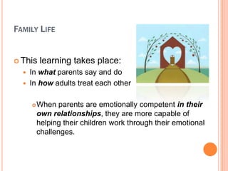 FAMILY LIFE


? This    learning takes place:
  ?   In what parents say and do
  ?   In how adults treat each other

      ?   When parents are emotionally competent in their
          own relationships, they are more capable of
          helping their children work through their emotional
          challenges.
 