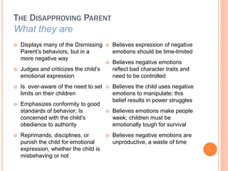 THE DISAPPROVING PARENT
What they are
?   Displays many of the Dismissing     ?   Believes expression of negative
    Parent?s behaviors, but in a            emotions should be time-limited
    more negative way
                                        ?   Believes negative emotions
?   Judges and criticizes the child?s       reflect bad character traits and
    emotional expression                    need to be controlled
?   Is over-aware of the need to set    ?   Believes the child uses negative
    limits on their children                emotions to manipulate; this
                                            belief results in power struggles
?   Emphasizes conformity to good
    standards of behavior; Is           ?   Believes emotions make people
    concerned with the child?s              week; children must be
    obedience to authority                  emotionally tough for survival
?   Reprimands, disciplines, or         ?   Believes negative emotions are
    punish the child for emotional          unproductive, a waste of time
    expression, whether the child is
    misbehaving or not
 