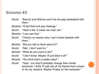 SCENARIO #2
  Dovid:   Baruch and Shlomo won?t let me play basketball with
           them.
  Moishie: I?ll bet that hurt your feelings.
  Dovid: Yeah it did. It made me mad, too.
  Moishie: I can see that.
  Dovid: There?s no reason why I can?t shoot baskets with
           them.
  Moishe: Did you talk to them about it?
  Dovid: Nah, I dont want to.
  Moishe: What do you want to do?
  Dovid: I dont know. Maybe Ill just blow it off.
  Moishe: You think thats a better idea?
  Dovid: Yeah, ?cuz they?ll probably change their minds
           tomorrow. I think I?ll call one of my friends from school
           or do my chazara. Maybe I?ll play on the computer.
 