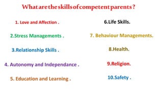 Whataretheskillsofcompetentparents?
1. Love and Affection .
2.Stress Managements .
3.Relationship Skills .
4. Autonomy and Independance .
5. Education and Learning .
6.Life Skills.
7. Behaviour Managements.
8.Health.
9.Religion.
10.Safety .
 
