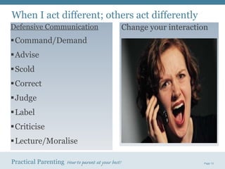 When I act different; others act differently Defensive Communication Command/Demand Advise Scold Correct Judge Label Criticise Lecture/Moralise Change your interaction 