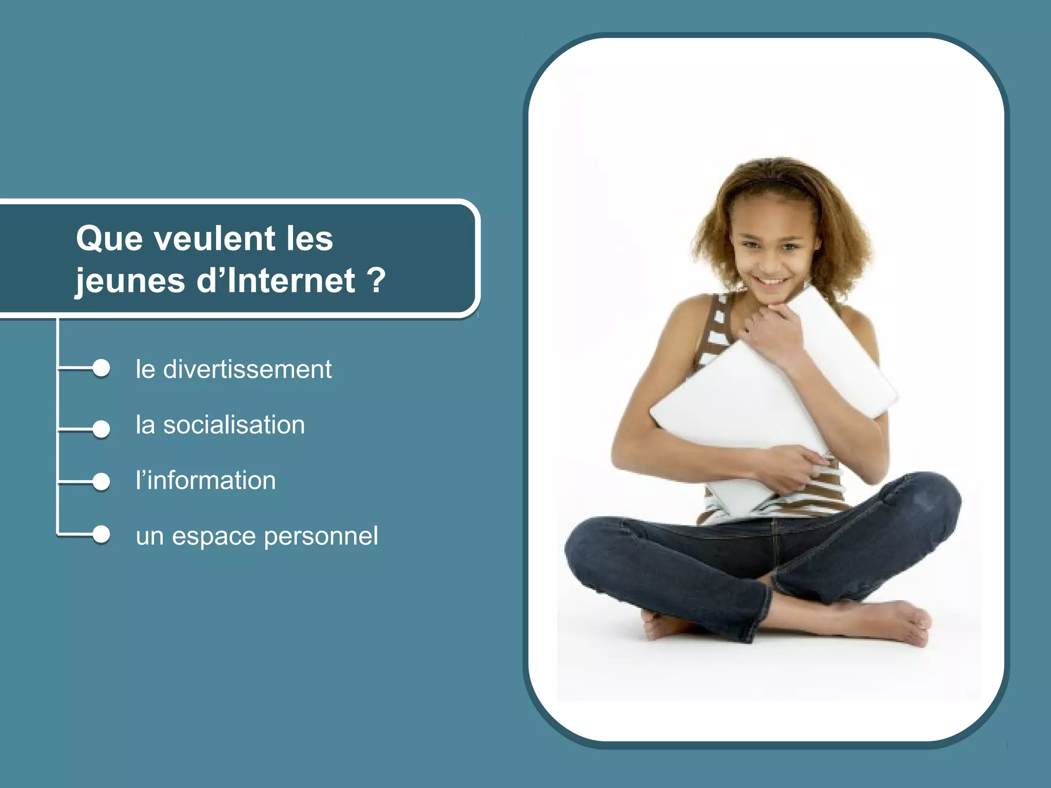 Que veulent les
      jeunes d’Internet ?

              le divertissement

              la socialisation

              l’information

              un espace personnel




© 2012 HabiloMédias
 
