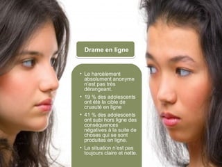 Drame en ligne


                      • Le harcèlement
                        absolument anonyme
                        n’est pas très
                        dérangeant.
                      • 19 % des adolescents
                        ont été la cible de
                        cruauté en ligne
                      • 41 % des adolescents
                        ont subi hors ligne des
                        conséquences
                        négatives à la suite de
                        choses qui se sont
                        produites en ligne.
                      • La situation n’est pas
                        toujours claire et nette.
© 2012 HabiloMédias
 