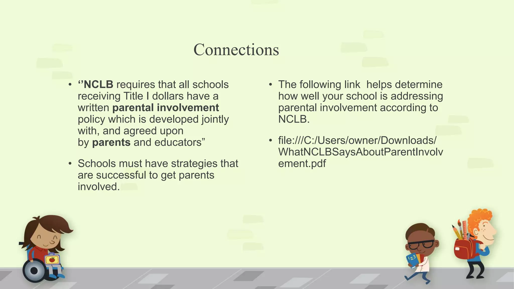 Connections
• ‘’NCLB requires that all schools
receiving Title I dollars have a
written parental involvement
policy which is developed jointly
with, and agreed upon
by parents and educators”
• Schools must have strategies that
are successful to get parents
involved.
• The following link helps determine
how well your school is addressing
parental involvement according to
NCLB.
• file:///C:/Users/owner/Downloads/
WhatNCLBSaysAboutParentInvolv
ement.pdf
 