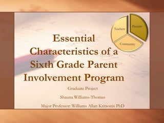 Essential Characteristics of a Sixth Grade Parent Involvement Program  Graduate Project Shauna Williams-Thomas Major Professor: Williams Allan Kritsonis PhD 