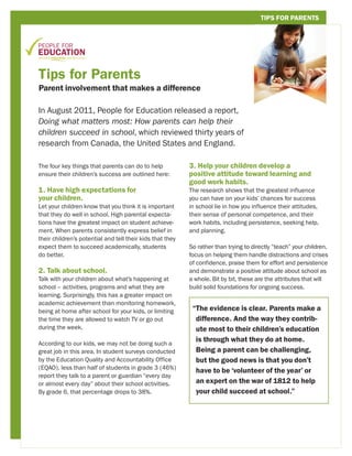 TIPS FOR PARENTS




Tips for Parents
Parent involvement that makes a difference

In August 2011, People for Education rel...