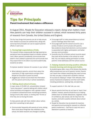 TIPS FOR PRINCIPALS




Tips for Principals
Parent involvement that makes a difference


In August 2011, People for Educat...