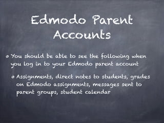 Edmodo Parent
Accounts
You should be able to see the following when
you log in to your Edmodo parent account
Assignments, direct notes to students, grades
on Edmodo assignments, messages sent to
parent groups, student calendar