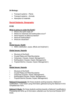S4 Biology:
 Transport systems – Plants
 Transport systems – Animals
 Absorption of materials
Social Subjects: Geography
S1/S2
What is going on under the Earth?
 What is the earth made of?
 Where do volcanoes and earthquakes occur?
 What happens at plate boundaries?
 What are earthquakes?
 What are volcanoes?
S3
Global Issues: Health:
 AIDS ( distribution, cause, effects and treatment )
Global Issues: Hazards
 Structure of the Earth
 Crustal Plates and Plate Boundaries
 Volcanoes ( Causes, Impact, Management )
 Earthquakes ( Causes, Impact, Management)
 Tropical Storms ( Causes, Impact, Management )
S4
Global Issues: Hazards
• Structure of the Earth
• Crustal Plates and Plate Boundaries
• Volcanoes (Causes, Impact, Management)
• Earthquakes (Causes, Impact, Management)
• Tropical Storms (Causes, Impact, Management)
National 5 Coursework: (for those students working towards a National 5
qualification). 1 hour exam using information gathered during the National 4 AVU
completed last Term.
National 3 Study: (for those students working towards a National 3 qualification).
Processing and write up of information collected over the Summer/October 2017
break.
 