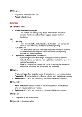 S4 Numeracy
 Preparation for Added value unit
 Added value testing.
Sciences
S1 Transition (May)
 Where are the living things?
o I can sample and identify living things from different habitats to
compare their biodiversity and can suggest reasons for their
distribution.
S1/2
 DNAzing
o I have extracted DNA and understand its function. I can express an
informed view of the risks and benefits of DNA profiling.
 Pure as Snow
o I can differentiate between pure substances and mixtures in common
use and can select appropriate physical methods for separating
mixtures into their components.
 Light lenses, magnification and beyond
o By exploring the refraction of light when passed through different
materials, lenses and prisms, I can explain how light can be used in a
variety of applications.
o By exploring radiations beyond the visible, I can describe a selected
application, discussing the advantages and limitations.
S3 Biology
 Photosynthesis: Two staged process, Chemical energy and Limiting factors
 Respiration: The chemical energy, Energy release and respiration processes
 Assessments: End of unit one testing. National 4/5 where appropriate
S3 Chemistry
 Acids and Alkalis: Disassociation on water into hydrogen and hydroxide
ions, pH, Neutralisation and Titration
 Assessments: End of unit one testing. National 4/5 where appropriate
S4 Biology:
 Completion of Unit 3 and testing
S4 Chemistry: Course complete
 