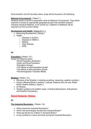 Once transition into S4 has taken place, study will be focused on the following:
National 4 Coursework: ( Week 7 ).
Students will be involved in preparation work for National 4 Coursework. They will be
required to choose an appropriate geographical topic that will allow research,
including individual fieldwork, to be carried out. Collection of fieldwork will be
required over the summer holiday.
Development and Health ( Weeks 8-11. ).
 Measuring Development ( Recap ).
 Health:
o Diseases in ELDC’s.
o Diseases in EMDC’s.
o Malaria.
o Heart Disease.
o AIDS.
S4
Population.( Weeks 1-6 ).
Recap the following topics:
•World Population distribution.
•Urban and Rural Population.
•Population Change.
•The effects of rapid population growth.
•The effects of slow population growth.
•The Demographic Transition Model.
Weather.( Weeks 1-6 ).
 Elements of the Weather ( including recording, measuring, weather symbols ).
 Factors affecting Britain’s weather ( Latitude, Distance from the sea, Relief,
British weather patterns, Aspect ).
 Air Masses.
 Weather systems and weather maps ( including Depressions, Anticyclones
and Weather forecasting ).
Social Subjects: History
S1
The Industrial Revolution. ( Weeks 1-6).
 What caused the Industrial Revolution?
 Which new technologies transformed Industrial Britain?
 What was life like for children in Industrial Britain?
 Living conditions in towns and cities during the Industrial Revolution.
 