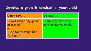 Develop a growth mindset in your child
Don’t say... Do say...
“I was never any good
at maths.”
or
“She takes after her
father…”
“I used to find this
part of maths tricky.”
 