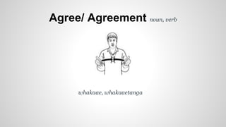 Agree/ Agreement noun, verb
whakaae, whakaaetanga
 