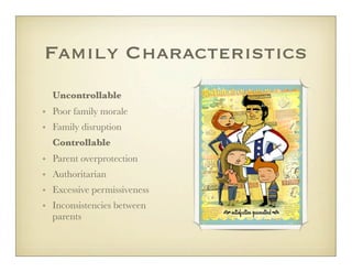 Family Characteristics
  Uncontrollable
• Poor family morale
• Family disruption
  Controllable
• Parent overprotection
• Authoritarian
• Excessive permissiveness
• Inconsistencies between
  parents
 