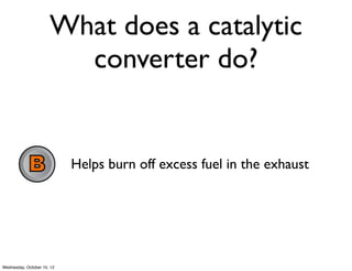 What does a catalytic
converter do?
Converts heathen cats to Christianity
Helps burn off excess fuel in the exhaust
Helps convert catalysts in the engine
Text a CODE to 
22333
874258
874259
874260
 