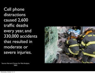 Survey
• What do drivers
consider the most
distracting?	

• What percentage
have talked on a cell
phone while
driving?	

• What percentage
consider themselves
to be safe drivers?
 