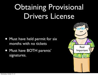 The Permit
• Must be 15 1/2 years old	

• Must possess permit at all times
when driving	

• Must be with licensed adult	

• Between 11 - 5 a.m. must be
with parent	

• All occupants must wear
seatbelts	

• Valid for one year, but renewable
 