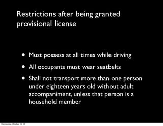 Obtaining Provisional
Drivers License
• Must have held permit for six
months with no tickets	

• Must have BOTH parents’
signatures.
Real	

Important
 