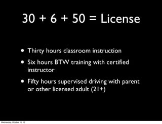 Behind the Wheel
(BTW) Requirements
• A 6-hour course is required by law.	

• Punahou doesn’t provide BTW training.	

• Punahou can recommend certain schools.	

• Start around the beginning of November
(halfway through).
 