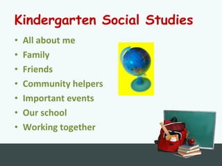 Kindergarten Social Studies
• All about me
• Family
• Friends
• Community helpers
• Important events
• Our school
• Working together
 