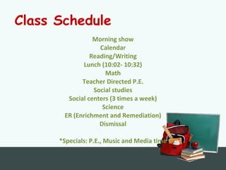 Class Schedule
Morning show
Calendar
Reading/Writing
Lunch (10:02- 10:32)
Math
Teacher Directed P.E.
Social studies
Social centers (3 times a week)
Science
ER (Enrichment and Remediation)
Dismissal
*Specials: P.E., Music and Media time
 