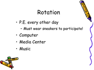 Detention: Students will attend detention sessions (held during recess) based on the following brackets: 89 or below = 1 st  detention visit 79 or below = 2 nd  detention visit 74 or below = 3 rd  detention visit 69 or below = 4 th  detention visit and/or office referral Students are given a writing assignment as part of their detention punishment.  Please note that there are some behaviors that will result in an automatic write up and office visit, regardless of what the conduct grade is at the time. 